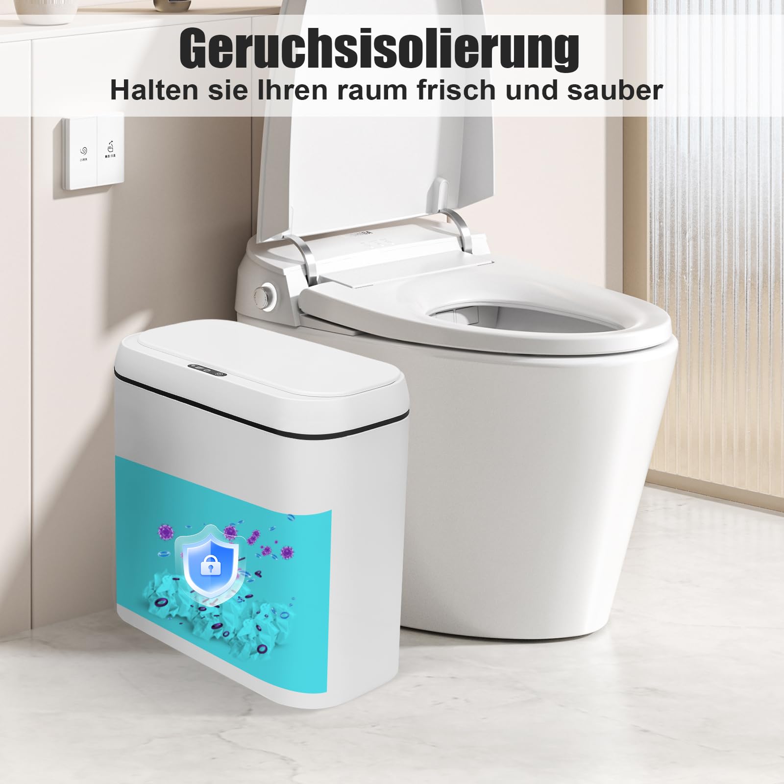 2er Set Mülleimer Bad mit Sensor, 15L Elektrischer Mülleimer mit Deckel | Leise und Wasserdicht, Schlankes Schmales Design, Platzsparend, für Büro Schlafzimmer Badezimmer Küche