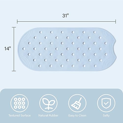 Miniatura 5 de Tapete de goma para bañera antideslizante, 31 x 14 pulgadas, tapete para bañera con ventosas y agujeros de drenaje, color azul claro