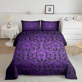 Castle Fairy Happy Halloween Theme Twin Size Comforter Set,Skull Skeleton BOH Flowers Quilt Set Soft Bed Collection,Nordic Style Purple Bedding Comforter for Boys Girls Room Decor,2 Pcs