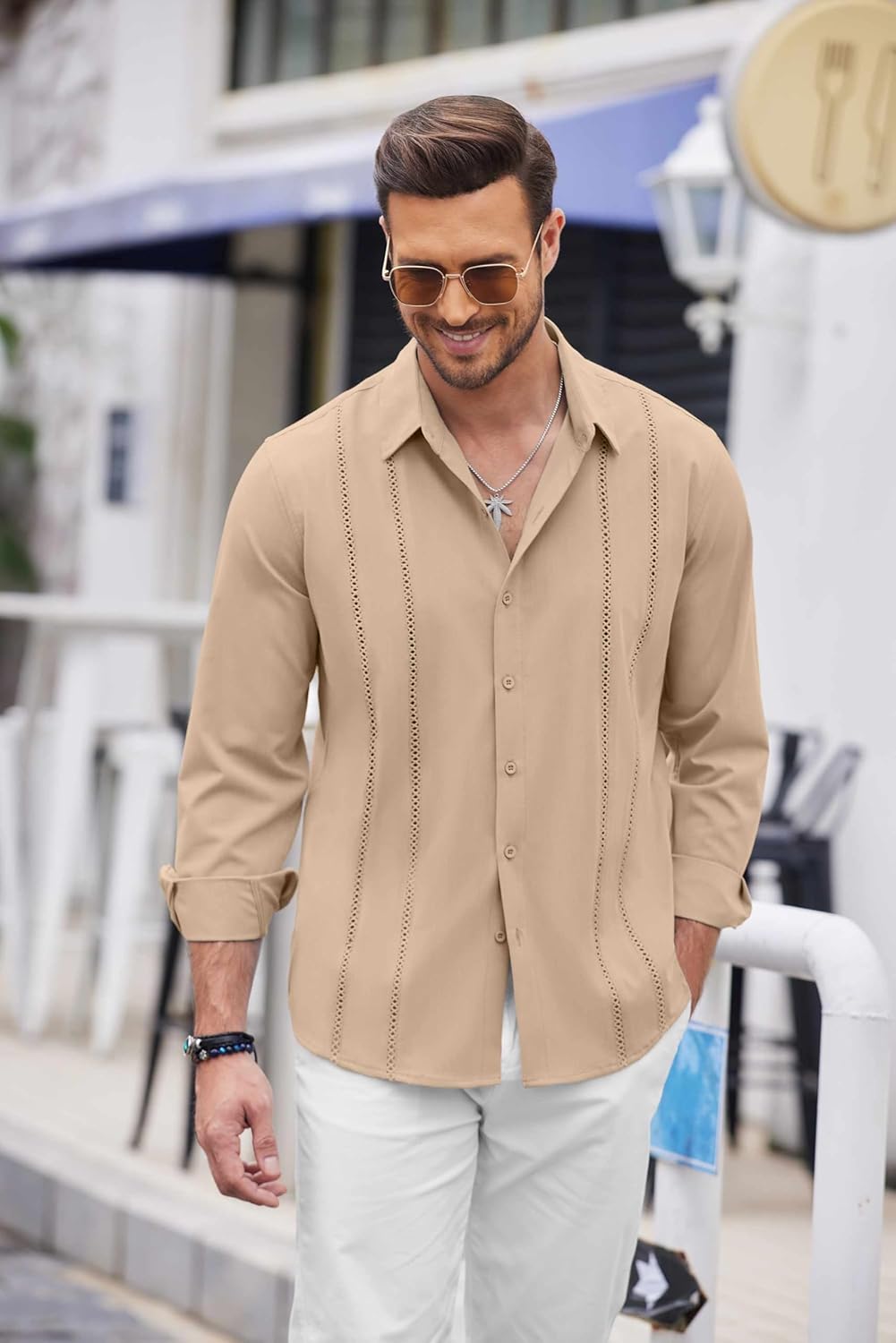 COOFANDY Mens Cuban Guayabera Shirt Casual Button Down Shirts Long Sleeve Summer Beach Shirts - Image 2