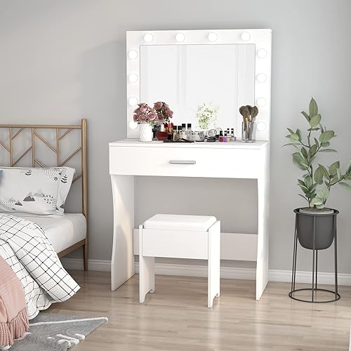 Vabches Tocador de maquillaje con luces, Mesa tocador de maquillaje, Brillo ajustable, Cajón grande tocador resistente para dormitorio estudio,