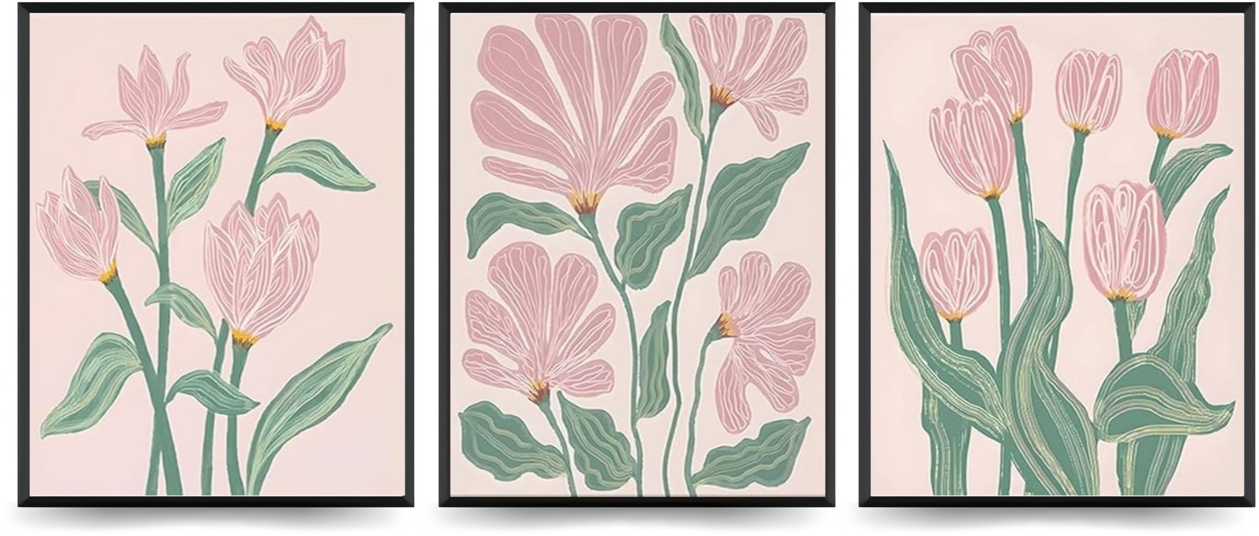 Linilioart Canvas Wall Art Abstract Floral Botanical Print Set of 3 Boho Pink and Green Minimalist Colorful Posters for Living Room,Unframed (20x25cm)
