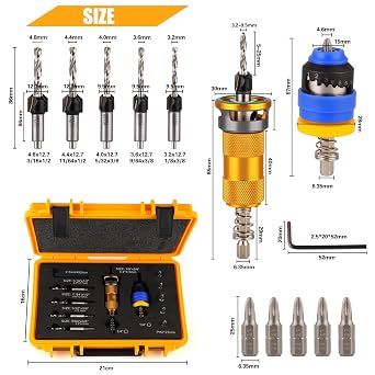 Countersink Drill Bits Set with Depth Stop and Screw Depth Controller (12PCS), Quick Change Hex Shank Countersink Drill with Phillips Bit for Wood, Plastic, Woodworking