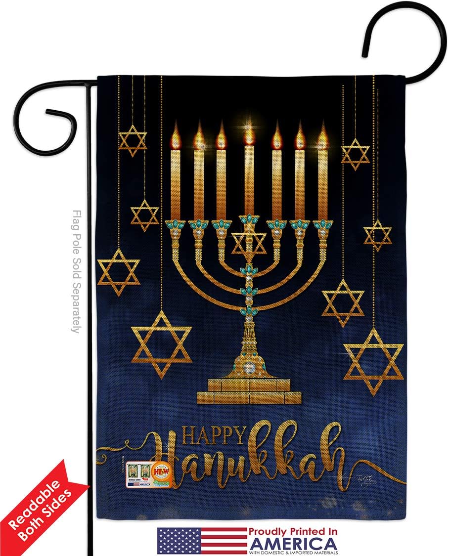 Breeze Decor Happy Hanukkah Pack Winter Candle Bonsai Menorah Jewish Chanukah David USA Applique House Decoration Banner Small Yard Gift Double-Sided, Garden Flag 13"x 18.5", Thick Burlap