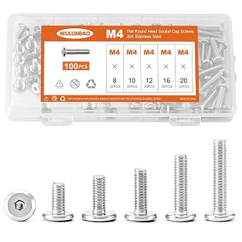 M4 x 8mm 10mm 12mm 16mm 20mm Flat Round Head Hex Socket Cap Screws Bolts, Furniture Screws, 304 Stainless Steel, Allen Hex Drive, Bright Finish, Metric Fully Threaded, Assortment Kit 100PCS