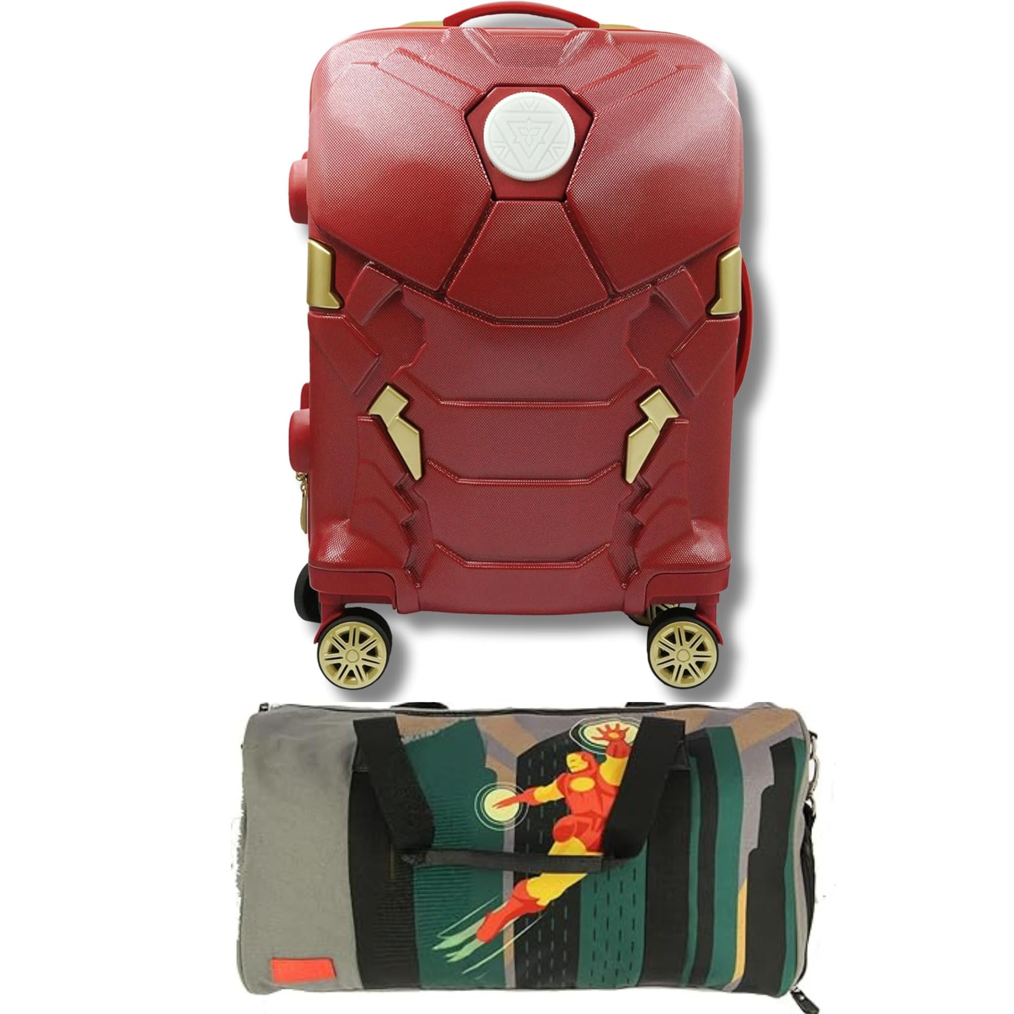 Marvel Iron Man Cabin Luggage 22” | LED Light Carry-On Suitcase and Marvel Ironman Grey Canvas Duffle Bag