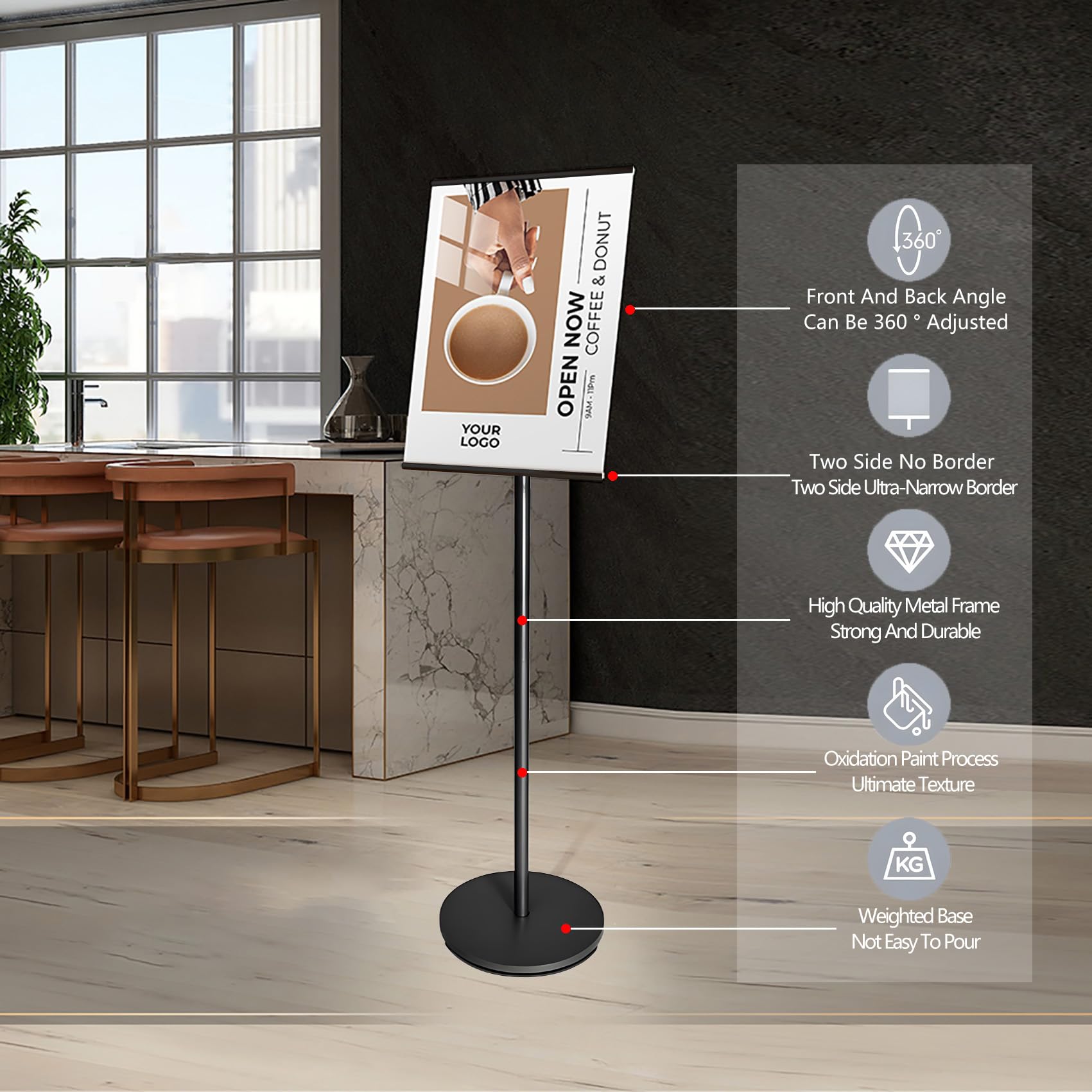 NEWSANDOR Adjustable Pedestal Floor Standing Sign Holder Stand,Outdoor Indoor Standing Display Poster Holder Stand For Businesses, Advertising,Menu,Guide signs A4(8.3x11.7in)-Black