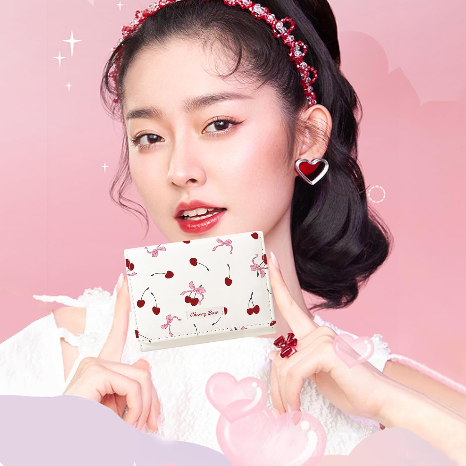 Sunwel Fashion Girls Cute Cherry Print Coquette Bow Wallet Small Wallet Card Holder ID Window for Women (CREAM) - Image 5