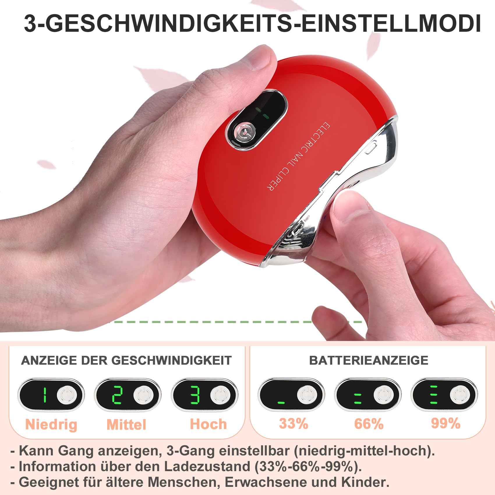 Automatyczny elektryczny obcinacz do paznokci z 3 poziomami prędkości i pojemnikiem na obcięte paznokcie, cyfrowy wyświetlacz LCD, bezpieczny elektryczny trymer do paznokci z ładowaniem USB