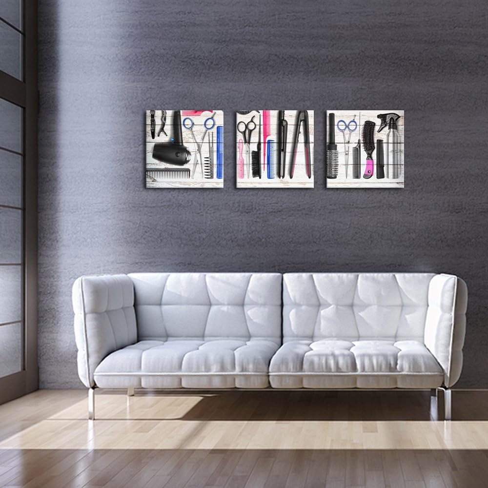 Barber Shop Canvas Wall Art Comb Hair Dryer Curling Iron Hair Dressing Tools Framed Canvas Poster Printing for Hair Salon Decorative Stretched Framed Modern Home Decorations Ready to Hang