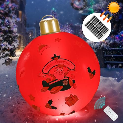 JOSEN Bola de Navidad inflable con luz solar, PVC, decoración de Navidad al aire libre, 24 pulgadas, adornos inflables grandes de Navidad gigantes