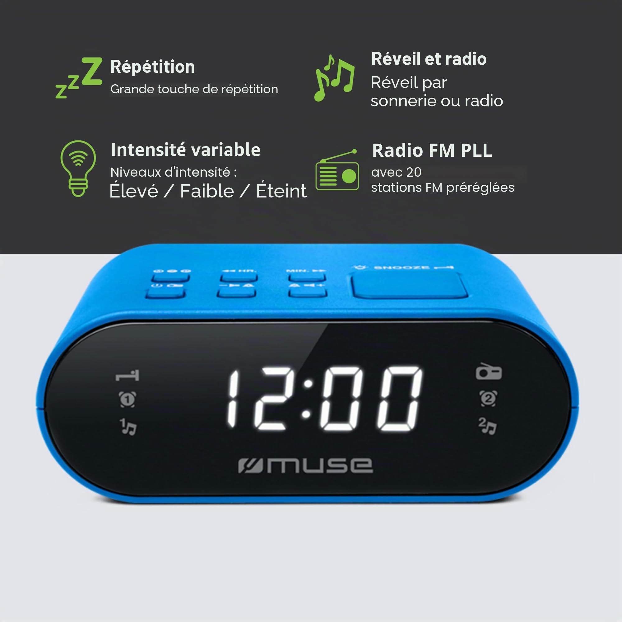 Muse M-10 BL Radio-réveil avec écran LED, 20 stations mémorisables Bleu