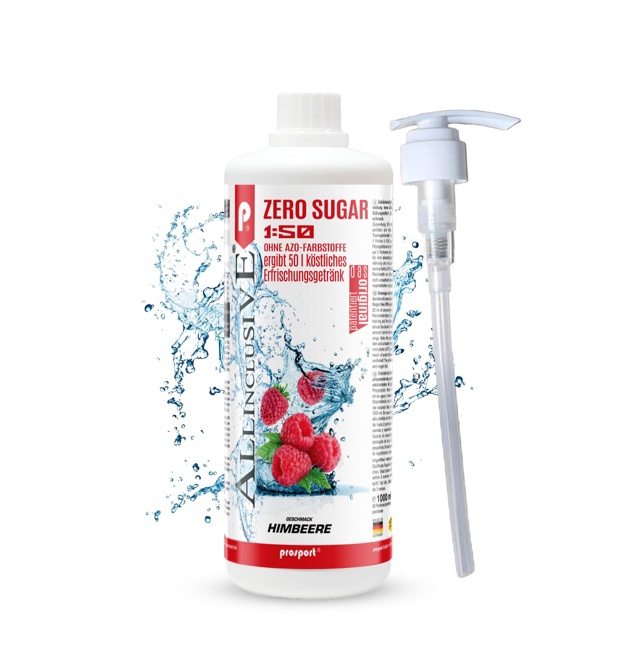 Prosport Allinclusive® Himbeere 1000ml + Dosierpumpe – ZERO SUGAR Sirup mit Vitaminen – Premium Getränkekonzentrat 1:50 – Ohne Zucker, Aspartam & Azofarbstoffe – Perfekt für Wassersprudler