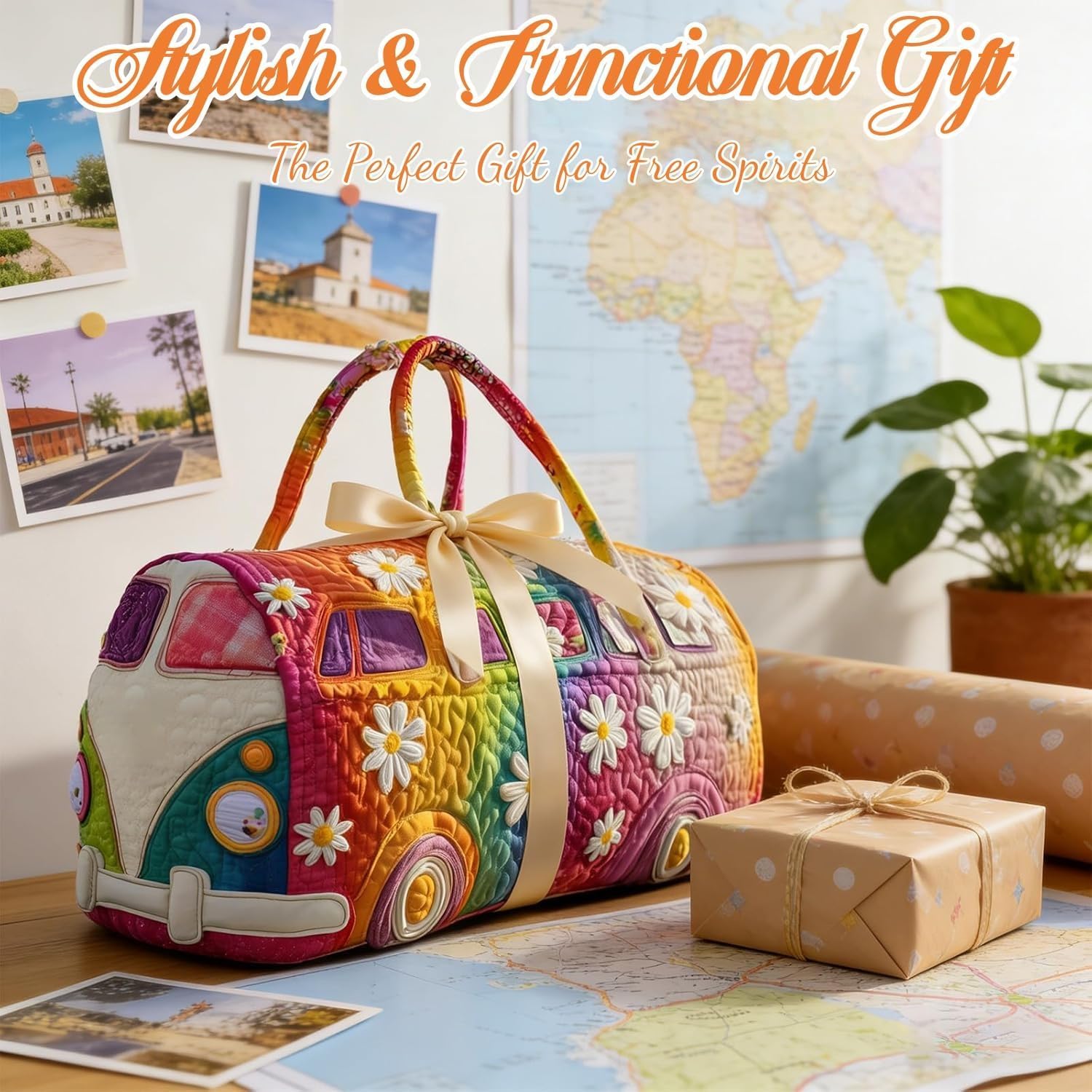 Hippie Van Quilted Duffle Bag,Boho Vintage Floral Weekender Travel Bag,Large Capacity Lightweight Gym Tote for Women (G) — view 6