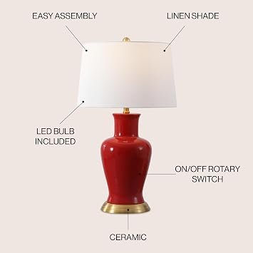 JONATHAN Y Julian Classic Ceramic Urn Metal LED Table Lamp 29, Red