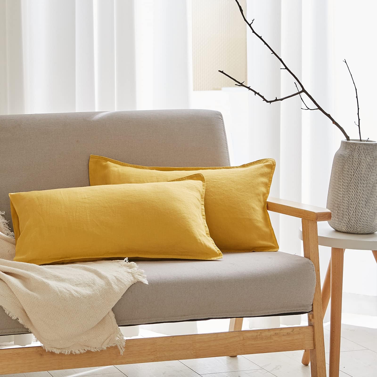 Simple&Opulence 100% Linen Lumbar Pillow Cover 12 x 20 Inches Set of 2 Rectangular Decorative Throw Cushion Cover for Couch Sofa Bed Living Room Office Soft Breathable Farmhouse - Mustard Yellow