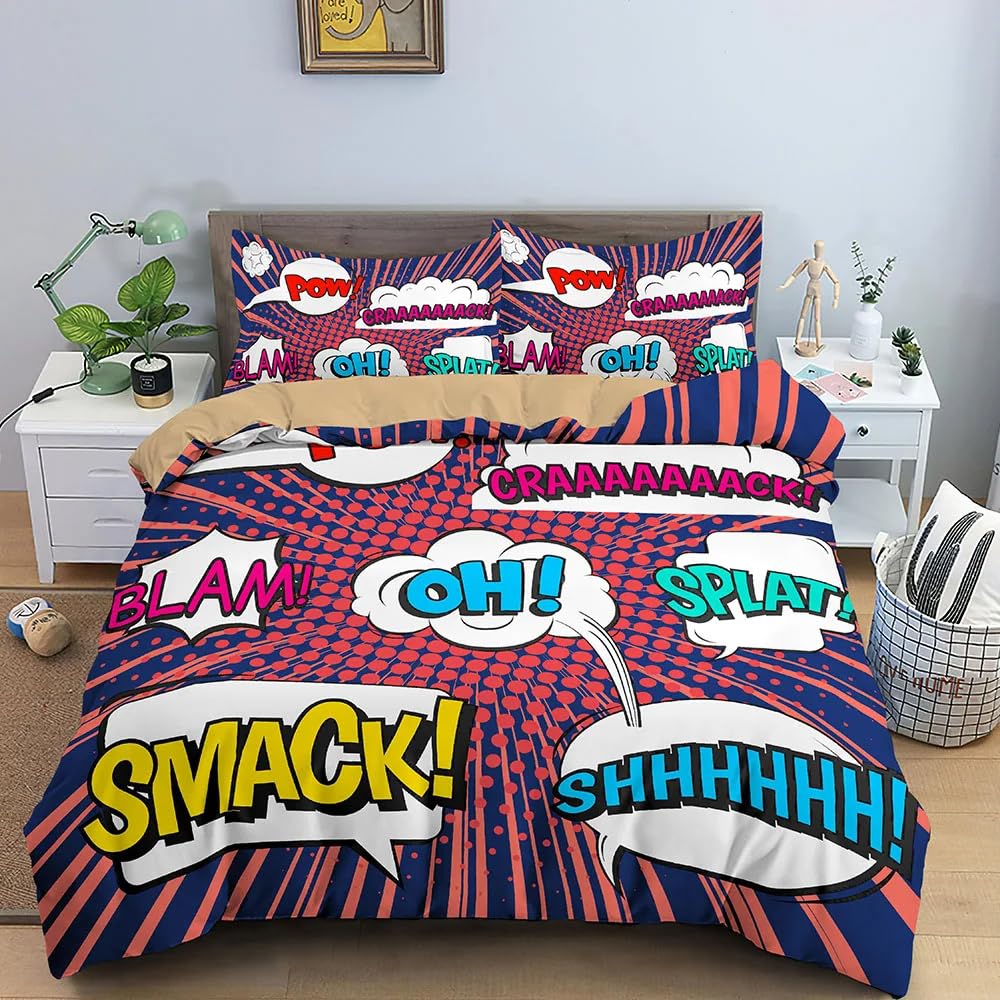 QBIDCSX Bedding Double Bed Set Graffiti Ultra Soft Hypoallergenic Double Duvet Cover Set Include 1 Quilt Cover with Zipper Closure + 1pillowcases 50x75 cm