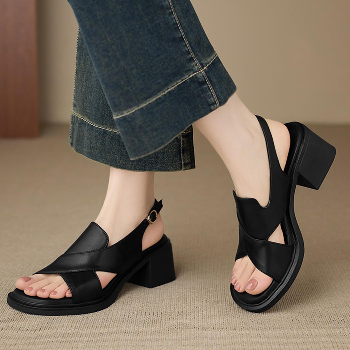 Sandali Estivi Donna Punta Aperta Cinturino Tacco Largo | Design minimal, Tallone aperto, Tacco 5 cm, Suola gomma, Passeggio, Vacanza