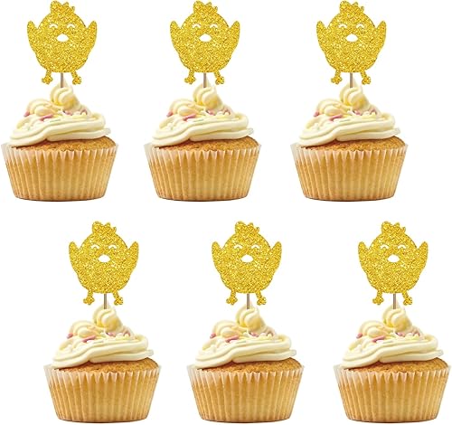 Juego de 24 adornos para cupcakes de pollo para cumpleaños temáticos de granja, decoración de cupcakes con purpurina dorada, decoraciones de