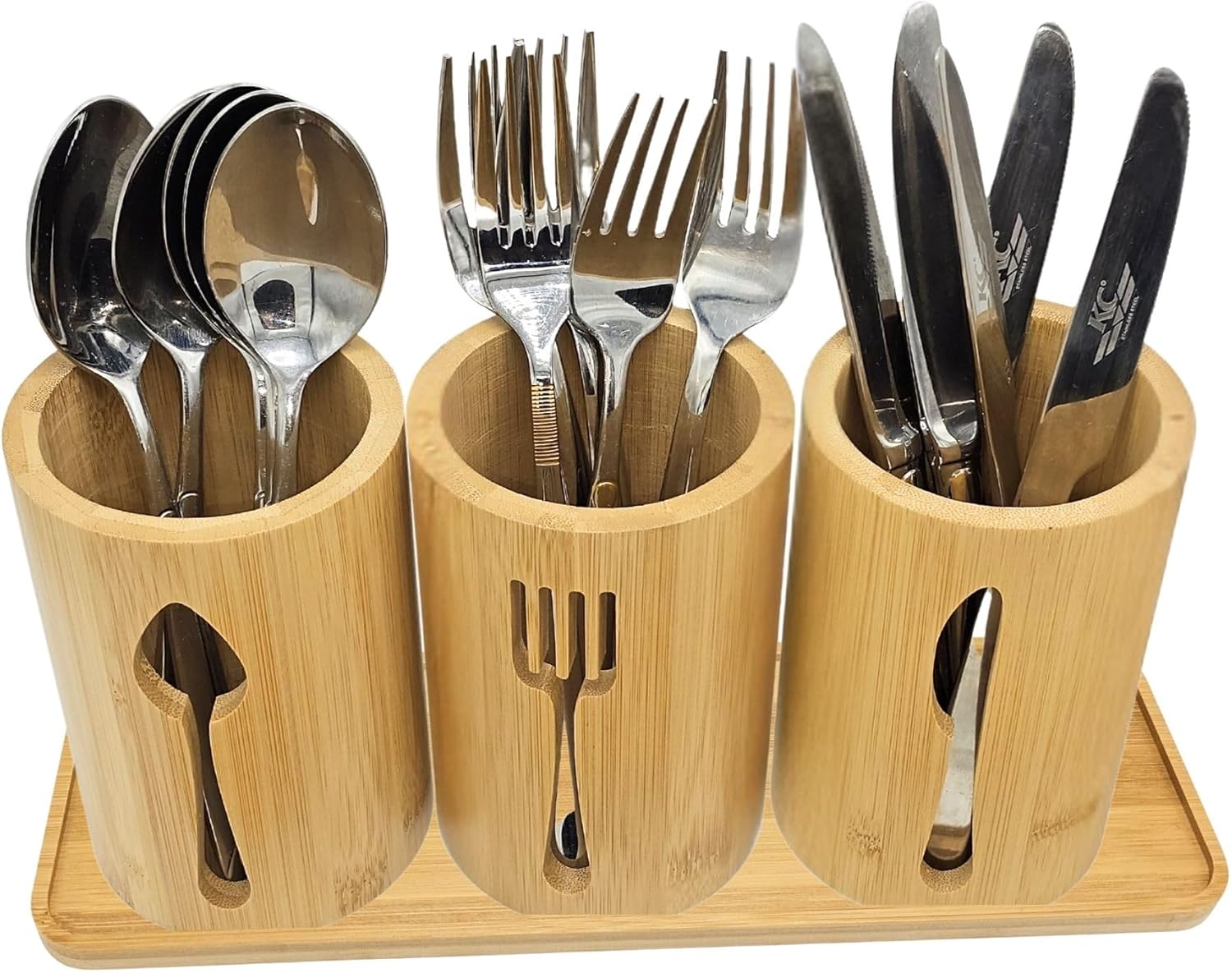 Bamboo Cutlery Holder Set - 3 kitchen Utensils Holder Cutlery Organiser with Bamboo Tray | Decorative kitchen countertop Cutlery Stand | Utensil holder - knife, fork and Spoon Holders