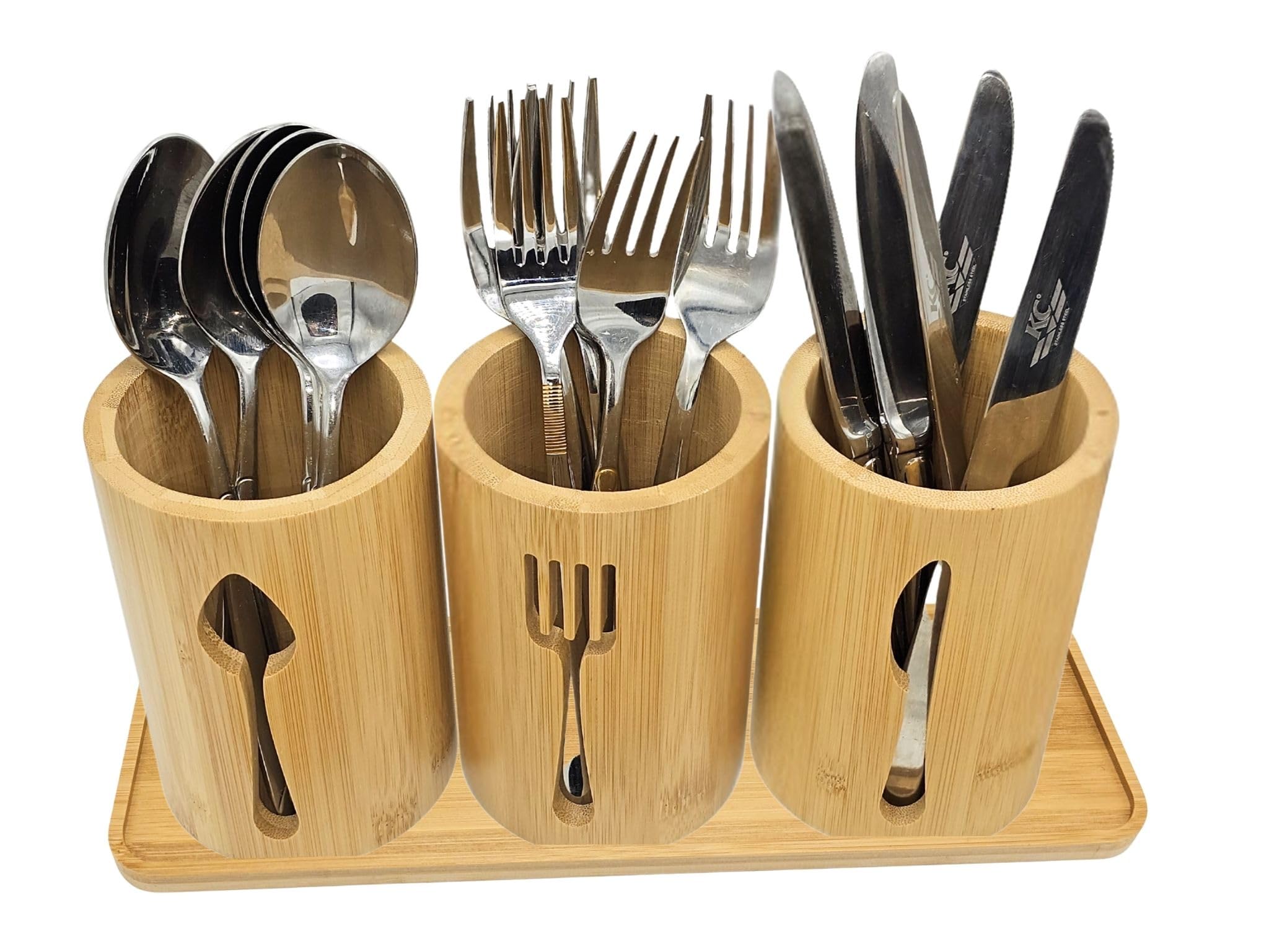 AYAMAX Bamboo Cutlery Holder Set - 3 kitchen Utensils Holder Cutlery Organiser with Bamboo Tray | Decorative kitchen countertop Cutlery Stand | Utensil holder - knife, fork and Spoon Holders