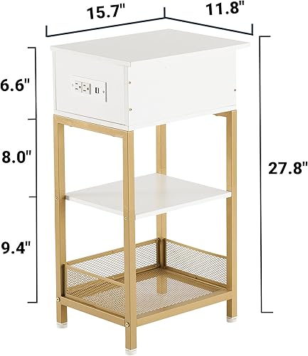 Miniatura 2 de Mesita de noche con estación de carga, mesas auxiliares con puertos USB y tomacorrientes, mesita de noche delgada con cajón deslizante y estante de