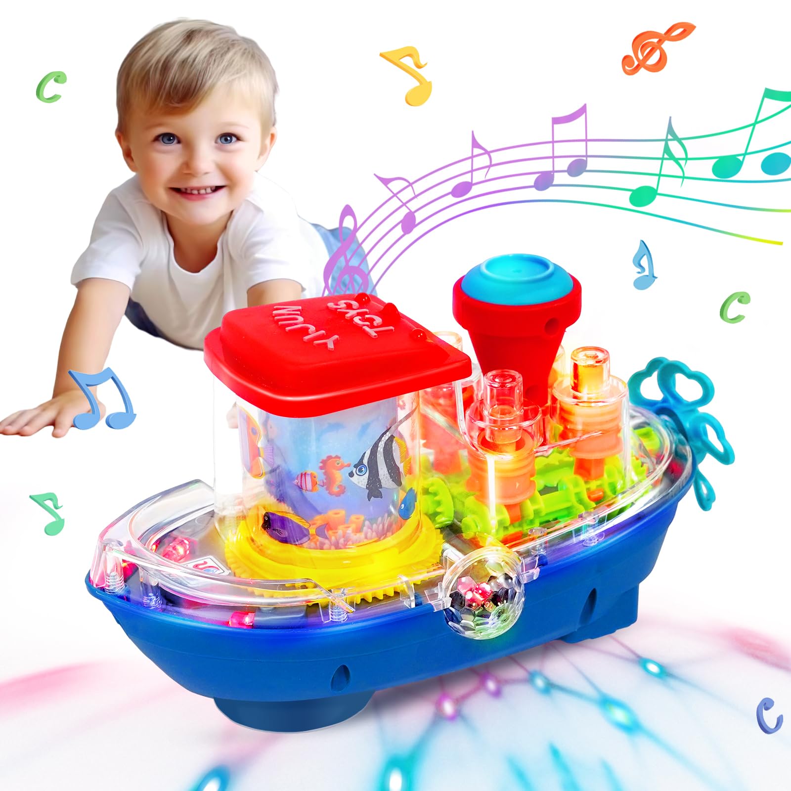 Baby Toys Transparent ship Toy With Light and Music, Electric Mechanical Gear Toy for Boys Girls Toddler Gifts for Old