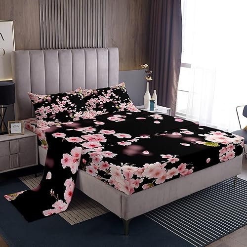 Erosebridal Juego de sábanas de flores de cerezo, sábanas de estilo japonés para niñas y mujeres, sábana bajera ajustable floral de plantas