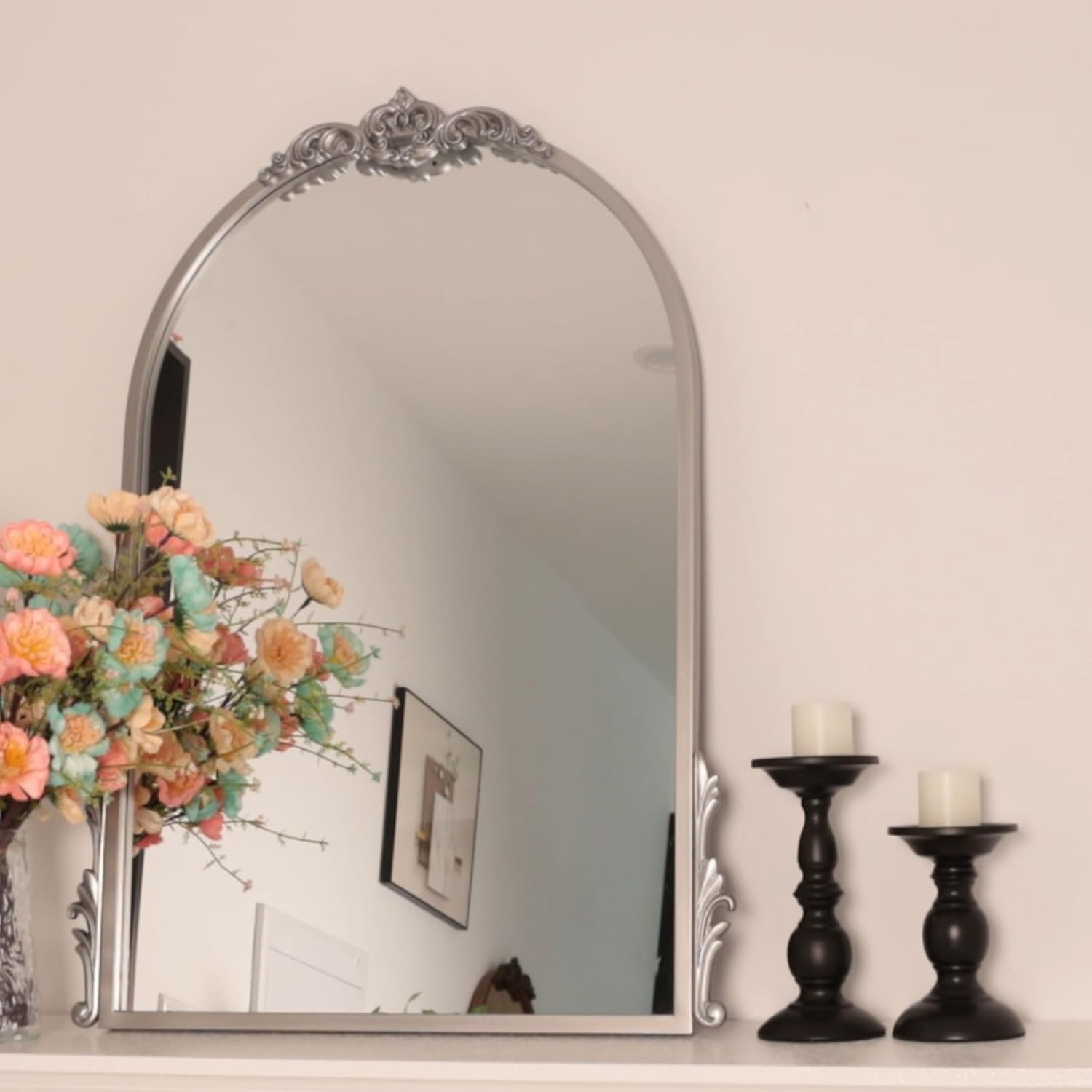 26''x20'' Antique Silver Arched Wall Mirror with Metal Flower Carving Frame, Small Vintage Retro Baroque Mirror Ornate, Vanity Mirror for Bathroom, Fireplace, Entryway, Living Room