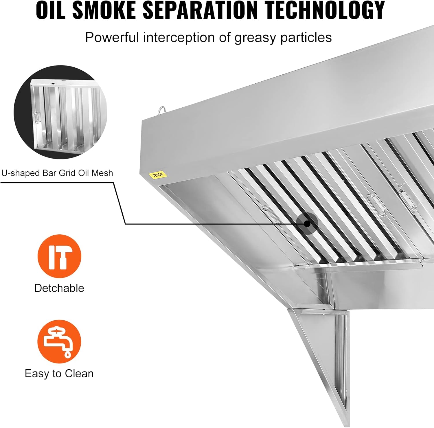 VEVOR Commercial Exhaust Hood, 4FT Food Truck Hood Exhaust, 201 Stainless Steel Concession Trailer Hood with 2 Detachable U-shaped Grid Oil Filter Mesh, Rust Resistant Vent Hood for Kitchen Restaurant