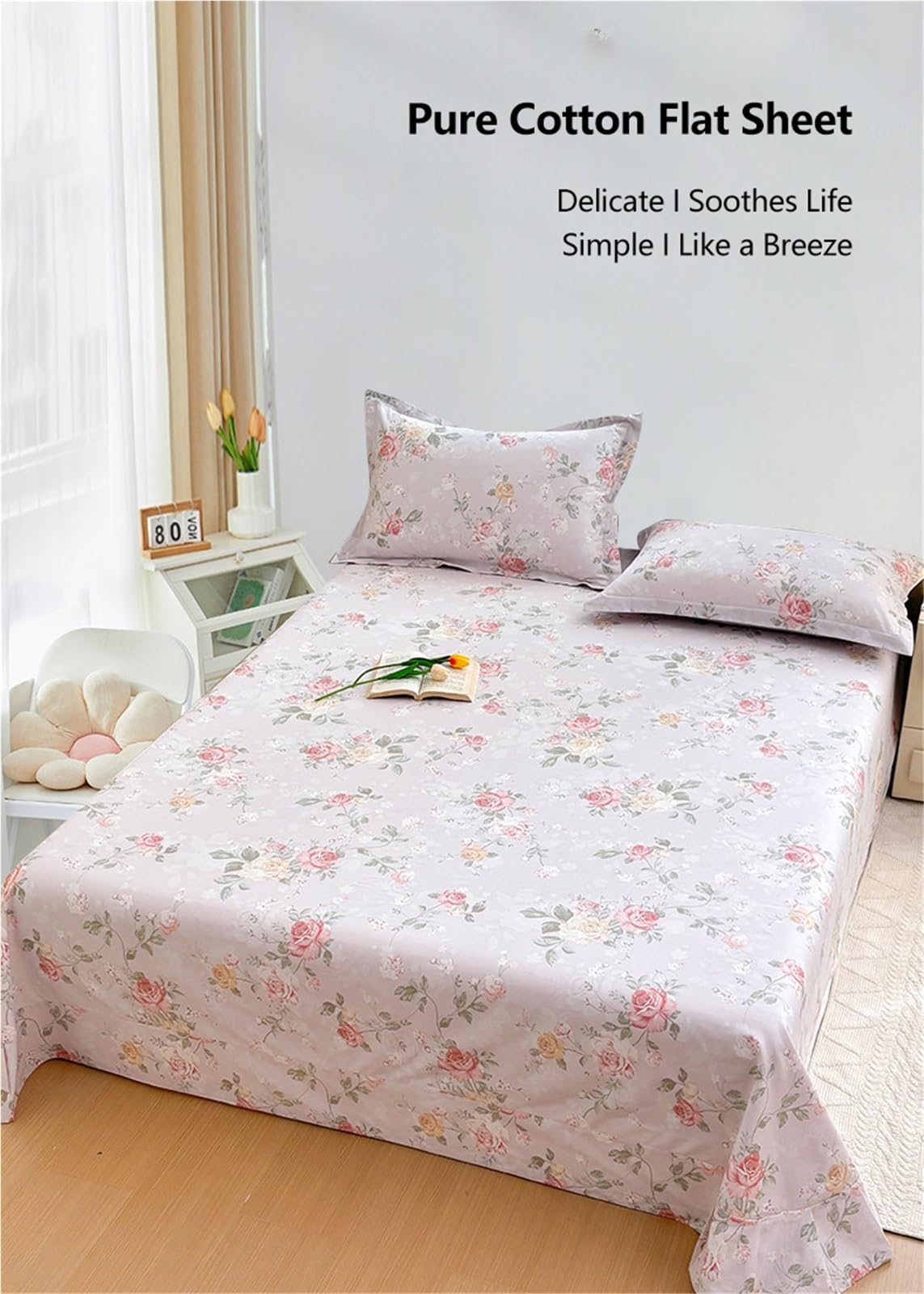 Bettlaken Ohne Gummizug Betttuch Laken 100% langstapeliger Baumwolle 160/210x230cm 245/265x245cm weiches atmungsaktives Flaches Laken(Flower N,265x245cm)
