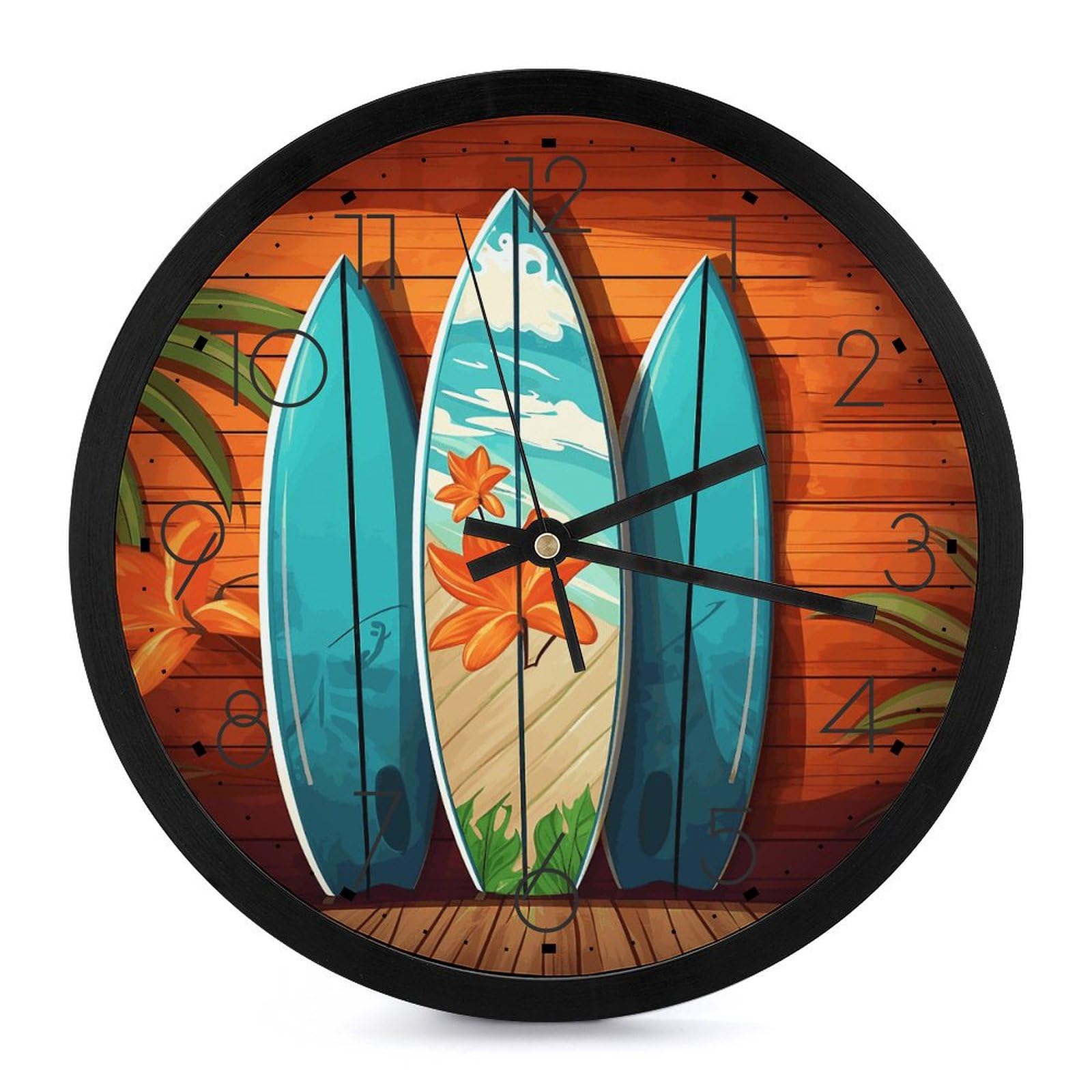 BVKWNTSA Stylish And Simple Plastic Surfboard on Wooden Printed Round Wall Clock, Accurate Timekeeping, Room Decoration
