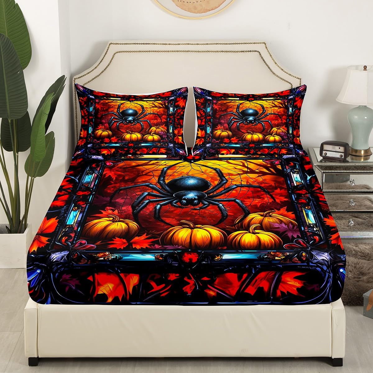 Spider Web Kids Fitted Sheet Twin Size,Arachnid Animal Happy Halloween Bedding Set,Girls Boys Room Decor,Pumpkin Maple Leaf Fall Autumn Gothic Rustic Bed Sheet,1 Pillowcase(No Flat)