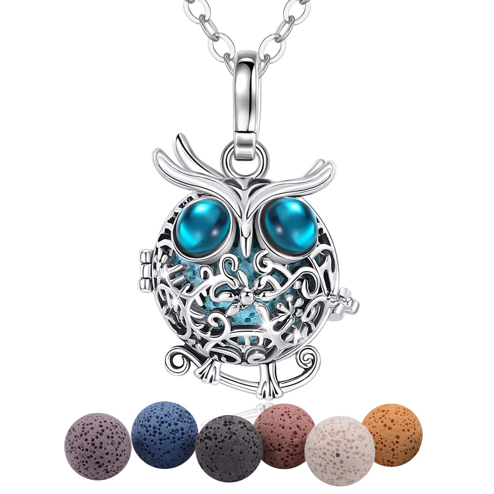 EUDORA Harmony Ball Collana Aromaterapia Ciondolo con Oli Essenziali per Donna, Collana con Diffusore Regalo di Gioielli per Ragazze con 7 Pezzi di Pietra Lavica, 24 Pollici