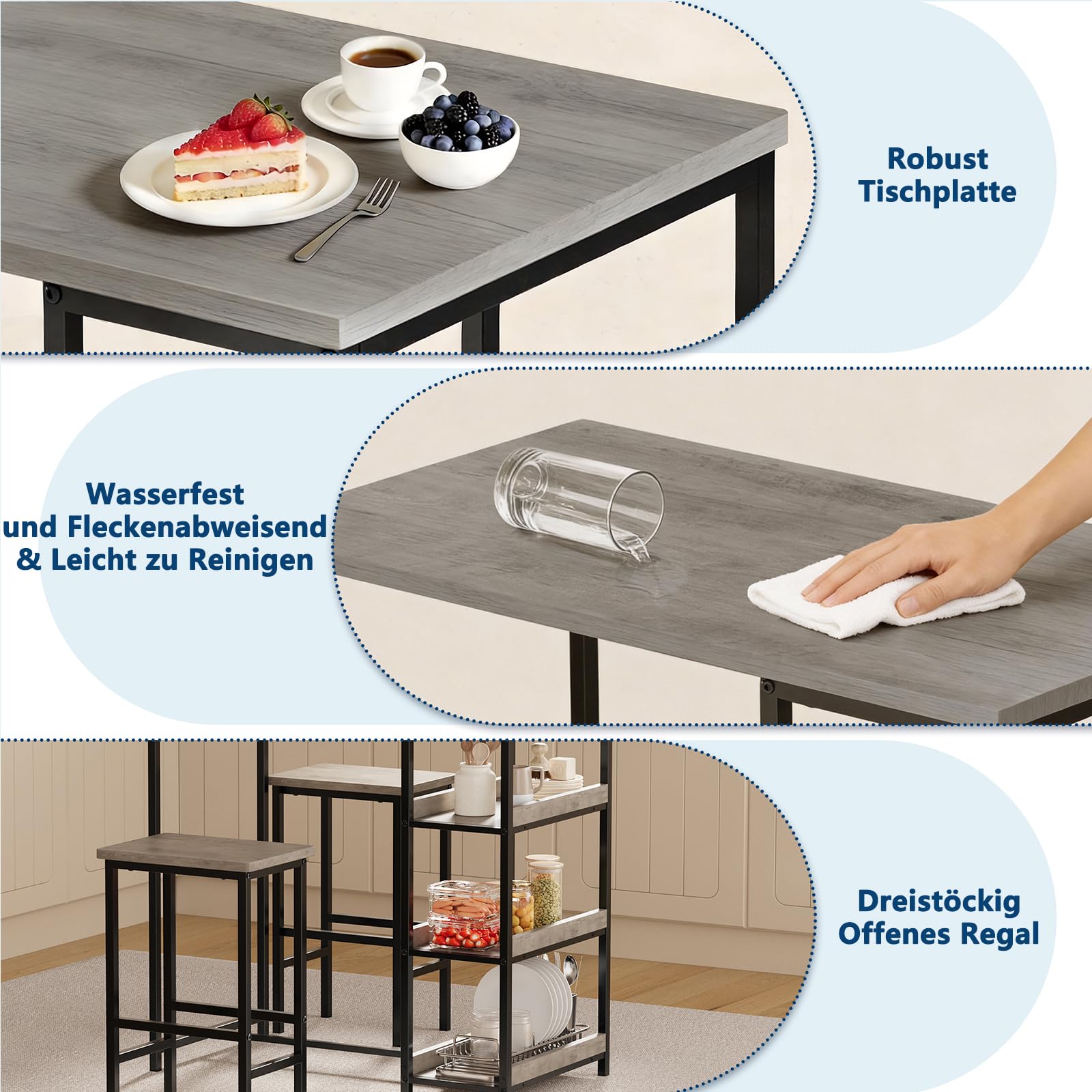 Litake 3-Piece Bar Table Set for 2, Bar Height Table with Stools & 2 Storage Shelves, Small Dining Table Set with Glass Rack, Small Kitchen Table for Dining Room, Living Room, Grey