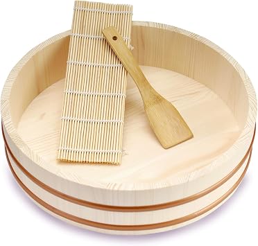 Kichgather 14.2 Inch Wooden Sushi Rice Bowl Hangiri Sushi Oke Rice Mixing Tub 3 pieces