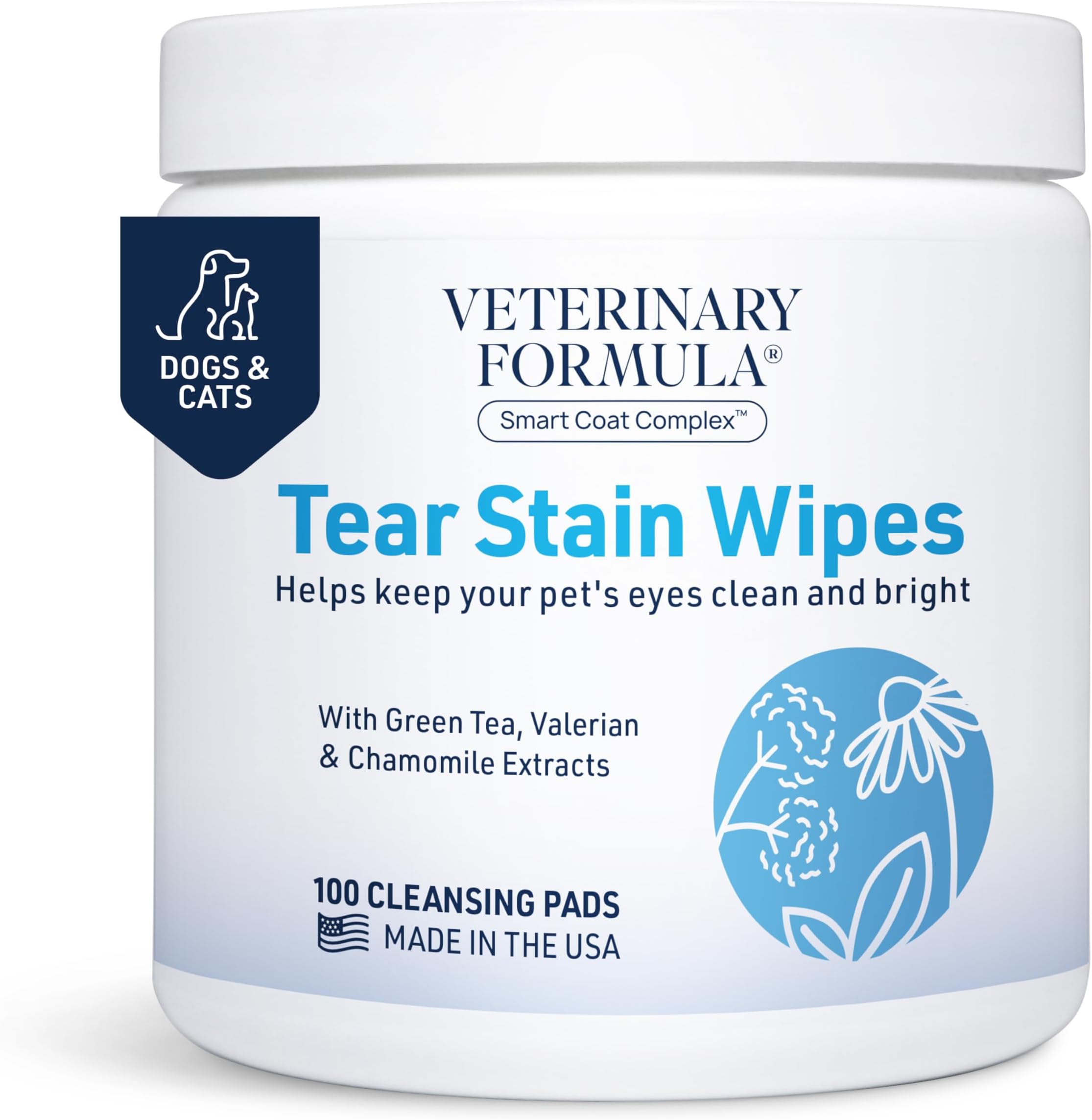 Smart Coat Complex Eye + Face Wipes for Dogs & Cats, 100 ct – Gently Remove Tear Stains, Clean Facial Fur & Eye Discharge, Fragrance-Free, Pre-Moistened