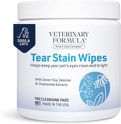 Veterinary Formula Smart Coat Complex Toallitas para ojos y cara para perros y gatos, 100 unidades – Elimina suavemente las manchas de lágrimas,