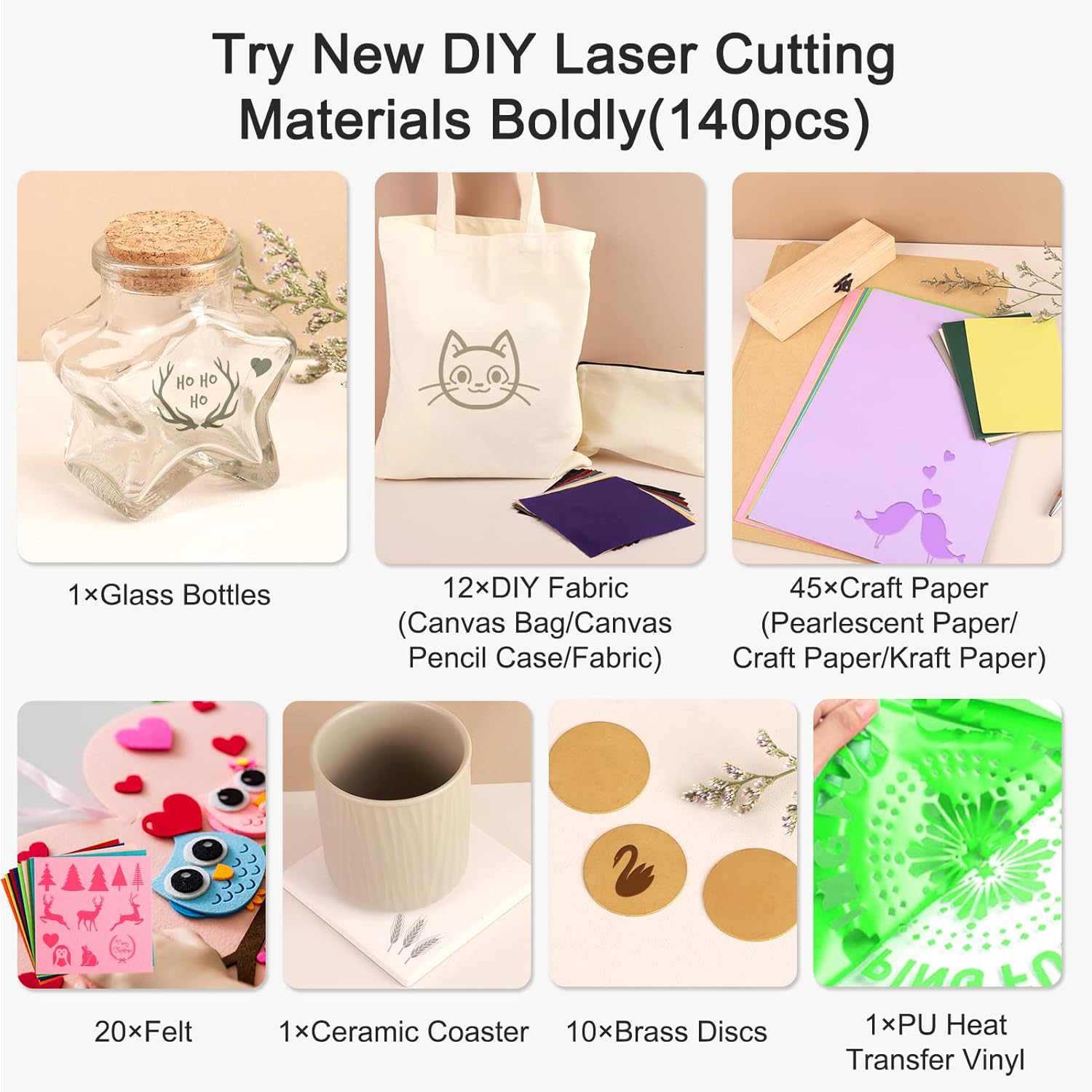 Csyidio 300 PCS Laser Engraving Material, 40 Kinds of Laser Engraver Accessories with Instructions, Laser Engraving Supplies Including Acrylic, Metal, Wood, Fabric, PU Leather, Rubber Materials