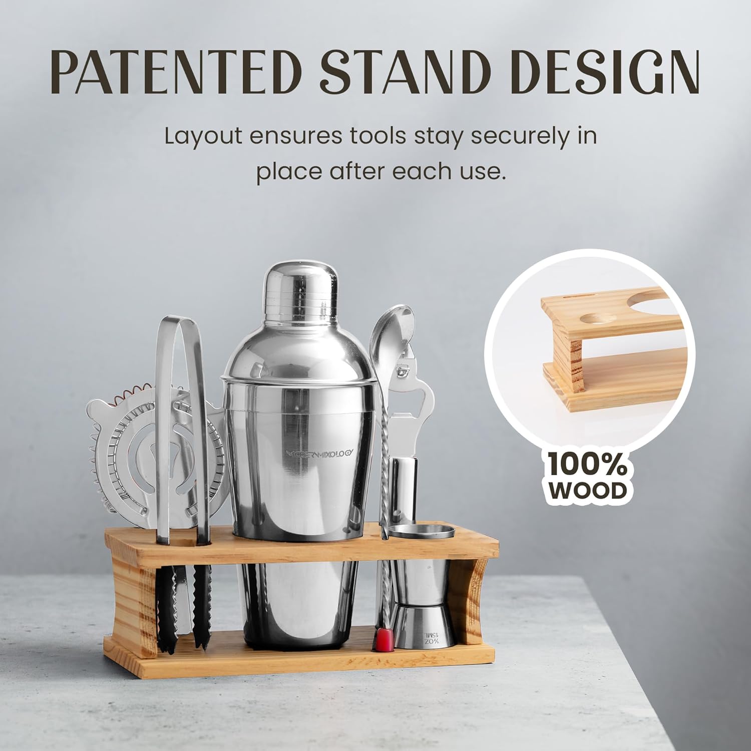 Modern Mixology Cocktail Shaker Set - Bartender Kit with Pine Stand | Leak-Proof Design | Includes Martini Shaker, Jigger, Strainer, Spoon, Tongs | Perfect Bar Tools Gift for Home Mixology (Silver)