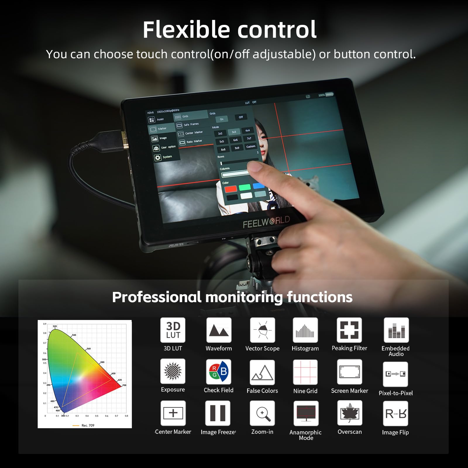 Feelworld F7 Plus 7-calowy ekran dotykowy do aparatu DSLR, monitor F970 z zewnętrzną płytą z uchwytem, zestaw akcesoriów z baterią, 4K HDMI 1920x1200, ulepszony 3D LUT, Waveform, VectorScope