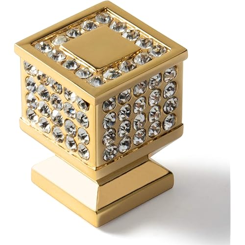 Rhinestone Drawer Knob, Luxurious Golden Cabinet Knob,Imitation Diamond Wardrobe Door knobs Square,6 Pack