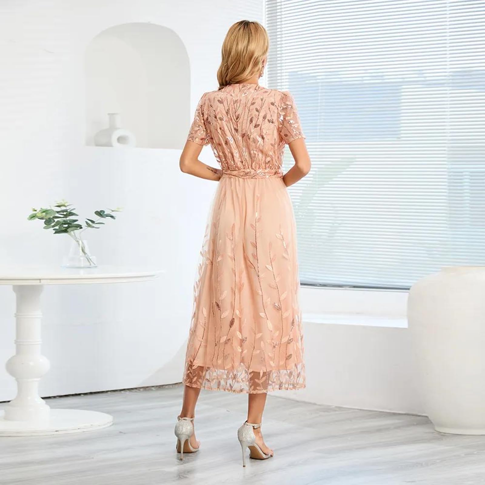 TEidea Vestito Donna Elegante Abiti Bianchi con Paillettes: Abito A Maglie A Manica Corta per Donne, Perfetto per Feste, Balli E Occasioni Speciali