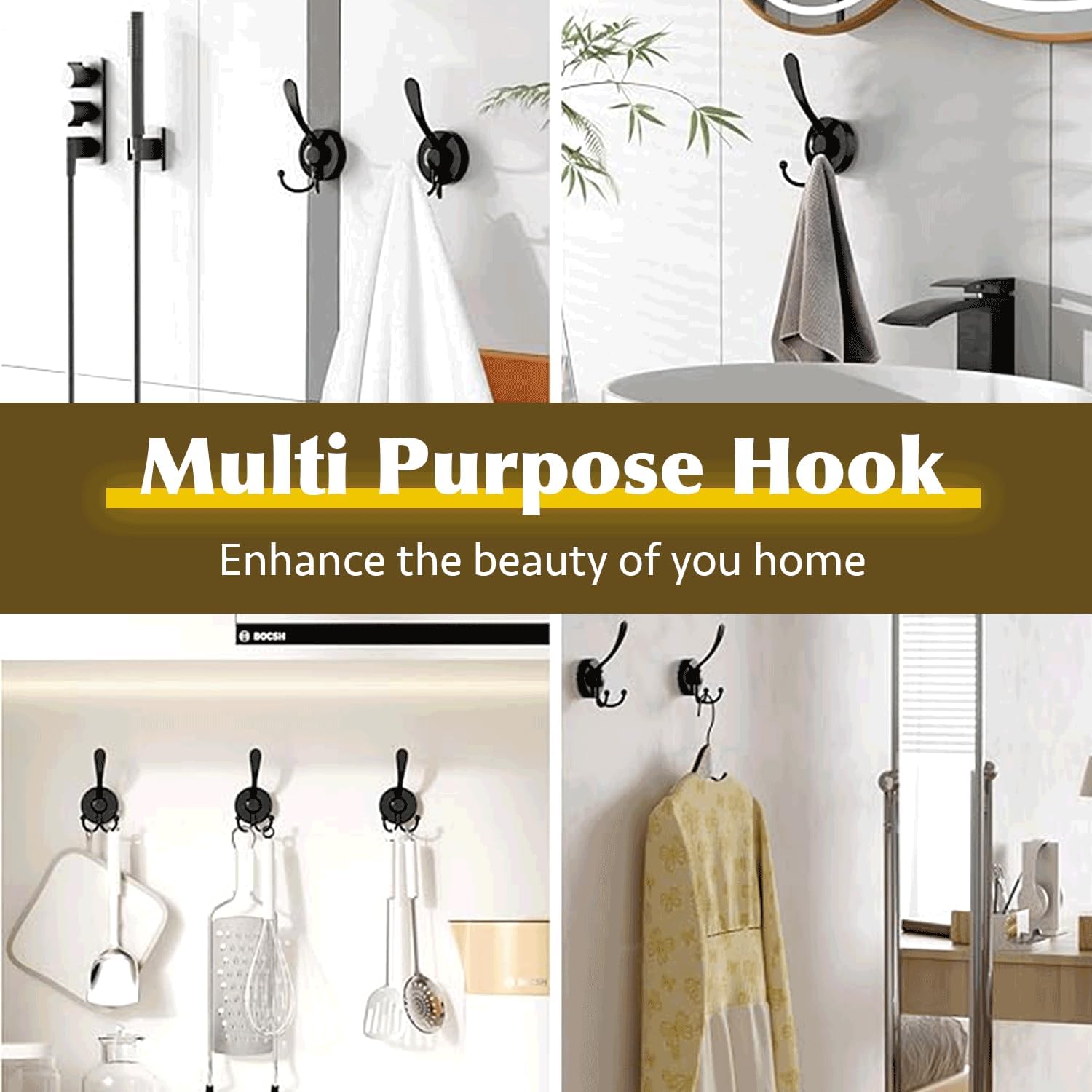 Metal Suction Cup Hooks, Heavy Duty Double for Bathroom, Kitchen, Wall, Cabinet, Car - 2 Pack, Rustproof & Waterproof Adhesive Hooks for Organizing Towels, Keys, Coats, Hats (White)