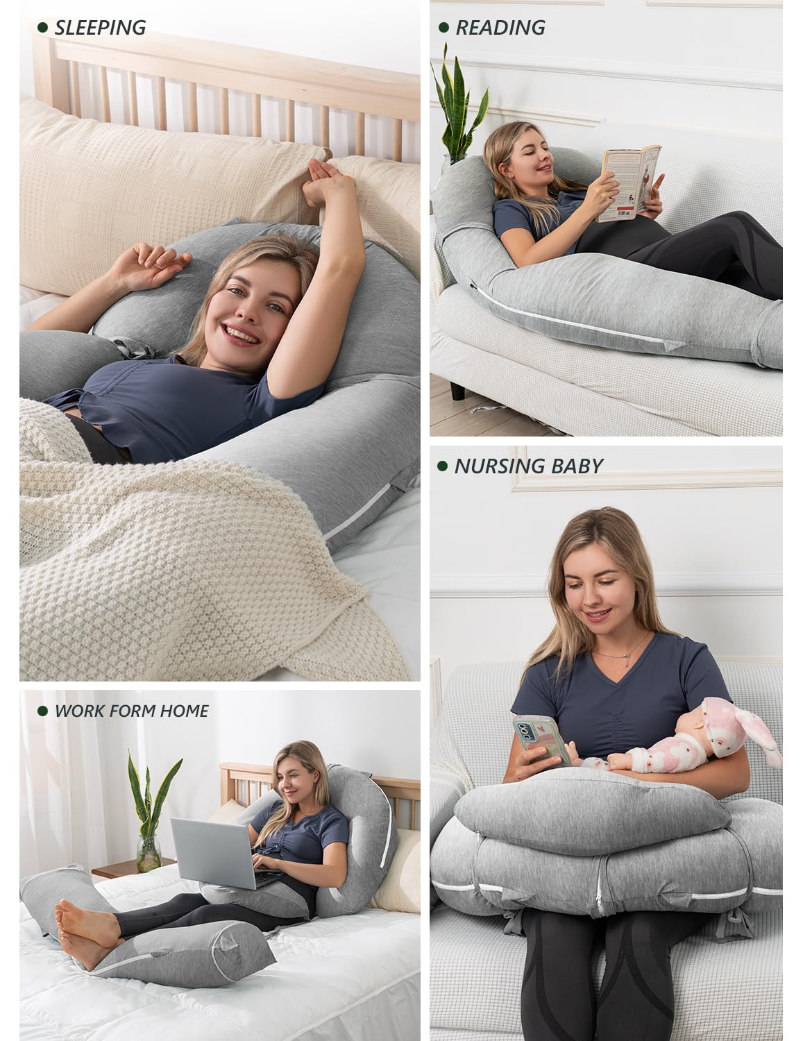 Meiz Cuscini per gravidanza, rinfrescanti per dormire, a forma di C, per adulti, fodera in rayon di bambù, grigio