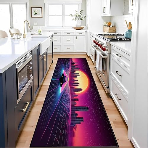 Miniatura 7 de Alfombra de pasillo lavable de 2 x 8 pulgadas, diseño de arcade, diseño de barco espacial a puesta de sol, retro, de los años 80, antideslizante,