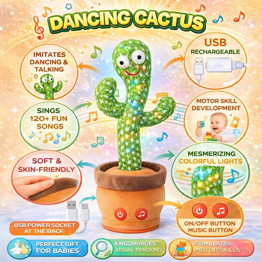 Dancing Cactus Toy for Baby & Kids, Talking & Singing Plush Cactus with LED Lights, Repeats What You Say, Musical Interactive Toy with USB Rechargeable Battery, Fun Educational Gift for Toddlers