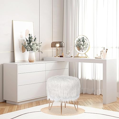 Miniatura 5 de Adeco Taburete otomano redondo de piel sintética con patas de metal, reposapiés suave y peludo, asiento acolchado, muebles decorativos tapizados