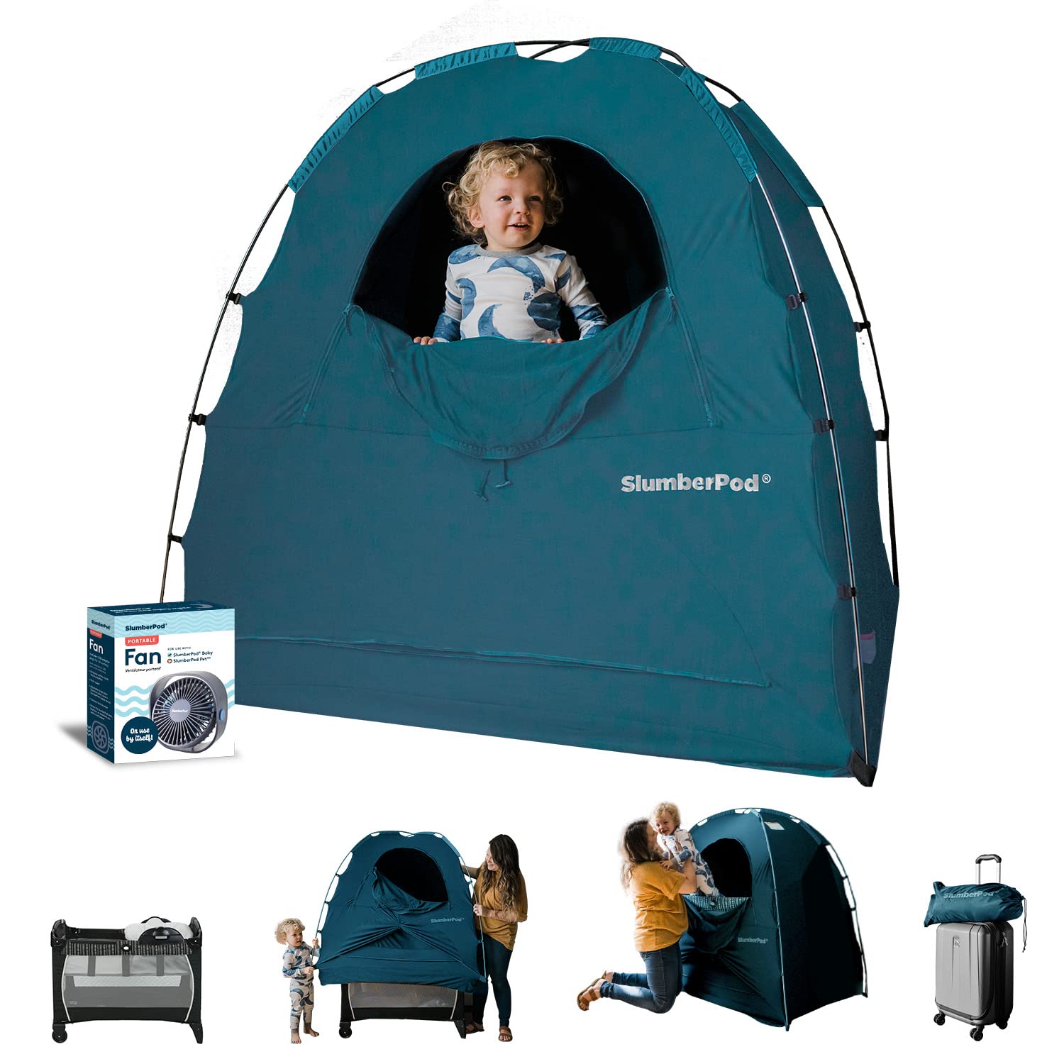 SlumberPod and Fan Combo Portable Privacy Pod Blackout Canopy Crib Cover, Sleeping Space for Age 4 Months and Up, Pack n Play Blackout Cover, Baby Travel Crib Canopy (Teal)