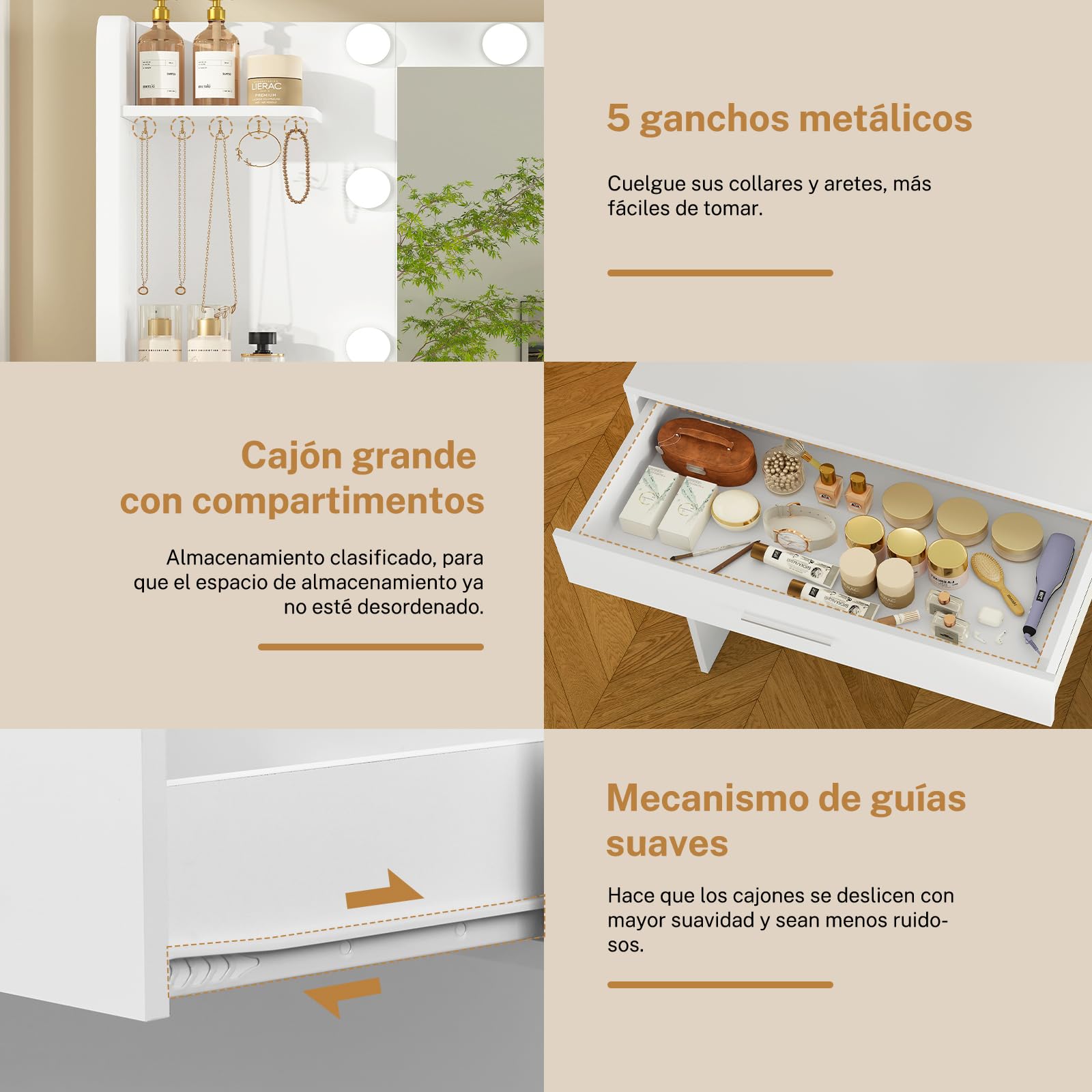 Mesa de Maquillaje con Luces y Espejo, Tocador Blanco con 4 Cajones y Estantes